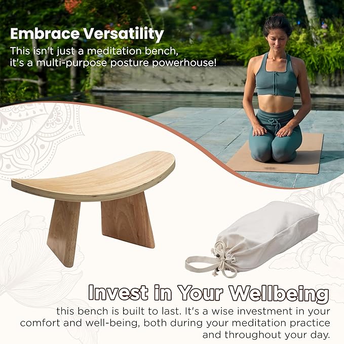 Ergonomic Wooden Meditation Bench - Kneeling Chair for Yoga, Prayer, and Seiza Practice, Portable Comfortable Meditation Stool for Deeper Meditation Mindfulness Posture Support