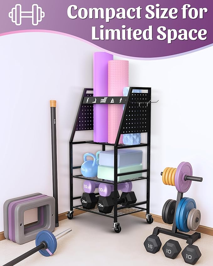Mythinglogic Yoga Mat Storage Racks,Home Gym Storage Rack for Dumbbells Kettlebells Foam Roller, Yoga Strap and Resistance Bands, Workout Equipment Storage Organizer With Hooks and Wheels