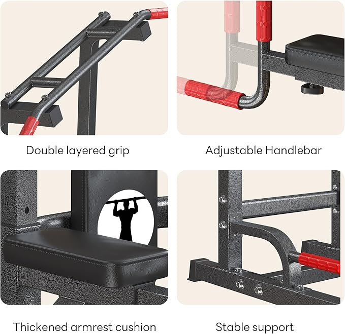 Pull Up Bar Station, 10-Level Height Adjustable Wall Mounted Home Gym, 330 lbs Capacity with Dip Bars & Push Up Handles, for Chin Up, Dips, Leg Raise (Black/Red/Yellow)