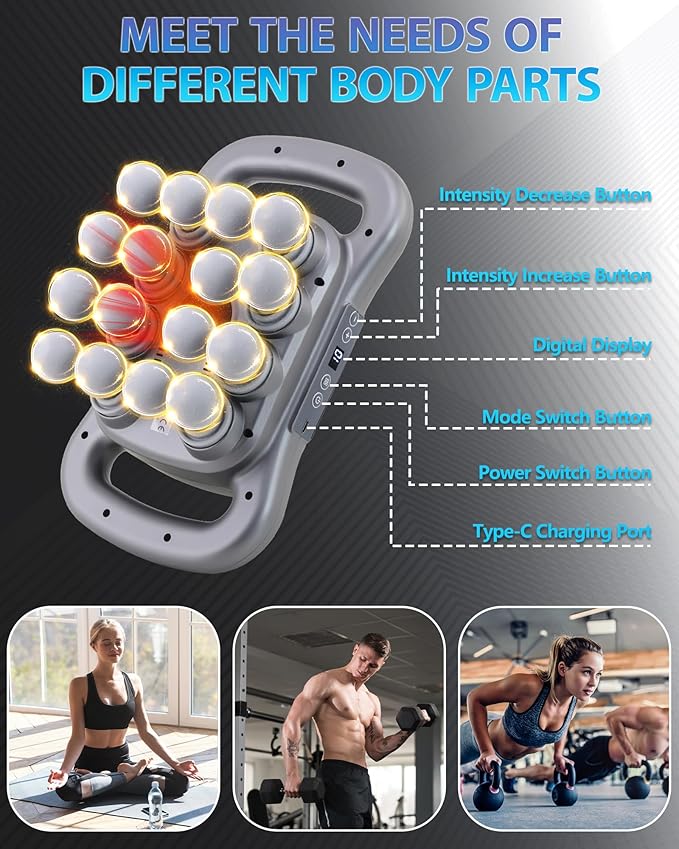 16-Head Massage Gun, Deep Tissue Percussion Massager with 9 Modes & 9 Intensities, 2600mAh Battery Back Bassager for Pain Relief Deep Tissue for Muscle Pain Relief in Back, Legs, Shoulders