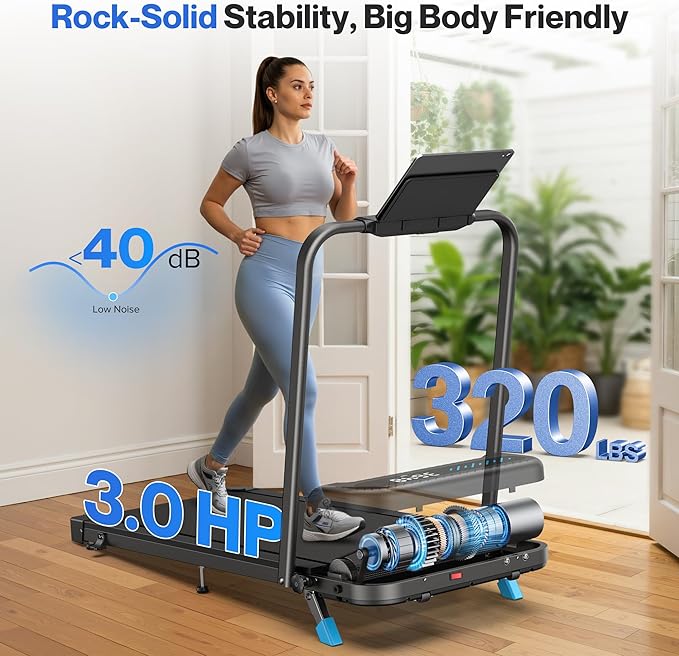 Foldable Treadmill with 10% Incline, 4 in 1 Compact Walking Pad Treadmill with Handle Bar for Home Small Spaces, 3.0HP Portable Quiet Under Desk Treadmills, 320LBS Capacity, Smart APP, LED Display