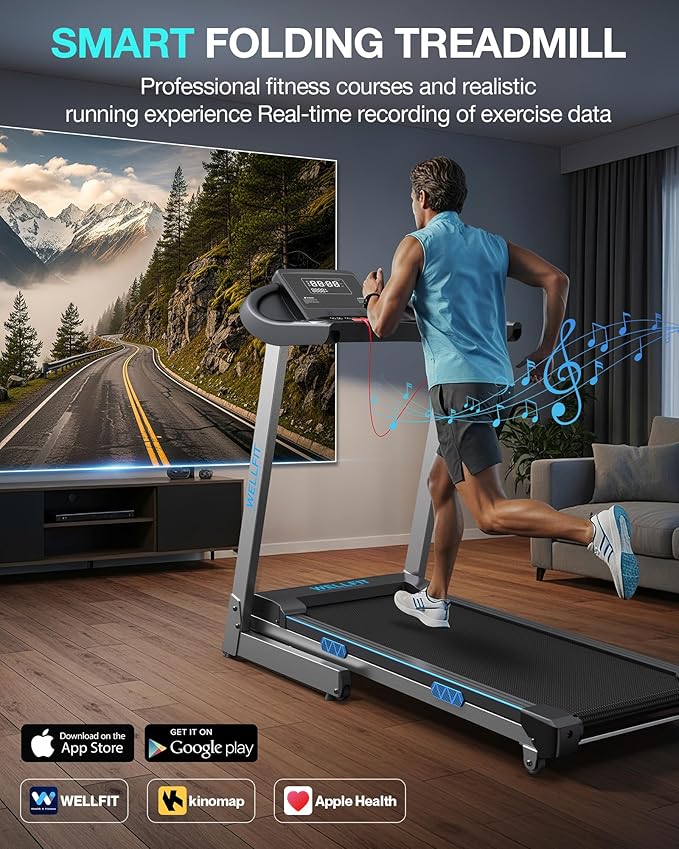 WELLFIT Treadmill with 15% Auto Incline, 400lbs Treadmills with Handlebar for Home, Voice Control Mute Remote, Under Desk Treadmill for Home Small Office, Walking Pads Work with KINOMAP Apple Health