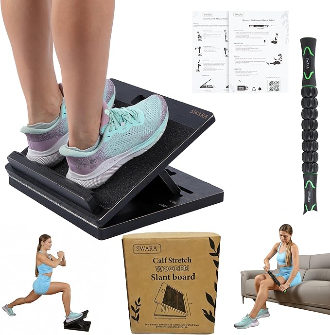 14" Premium Slant Board for Calf Stretching & Exercise with Bonus Muscle Roller – Velour Incline Board, Calf Stretcher & Stretch Mobility Board for Deep Stretch, Physical Therapy & Fitness Training