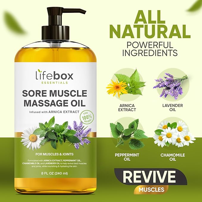 Arnica Sore Muscle Massage Oil – 100% Pure & Natural - Massage Therapy for Muscles & Joints – Body Oil Infused with Arnica Extract, Lavender, Peppermint & Chamomile Oils – 8 FL OZ