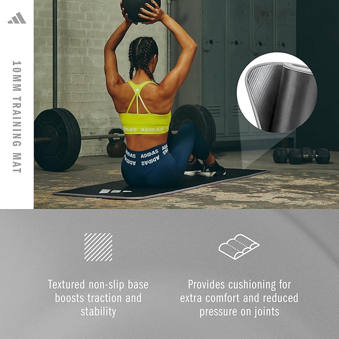 adidas 10mm Extra Thick Training Mat with Carrying Strap and Non-Slip Textured Base - Cushioned Workout Mat for Home Gym, Floor Workouts, and Intense Exercises - Portable and Durable