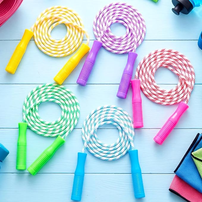 Aoriher Jump Rope for Kids Nylon Adjustable Weighted Braided Fitness Skipping Stripe Ropes with Plastic Handles 8.2 Feet for End of The School Exercise Sport Party Equipment Gift, Assorted Colors