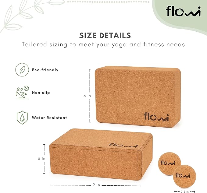 Natural Cork Yoga Blocks 2 Pack with Strap & Massage Balls - Premium Yoga Accessories for Women & Men