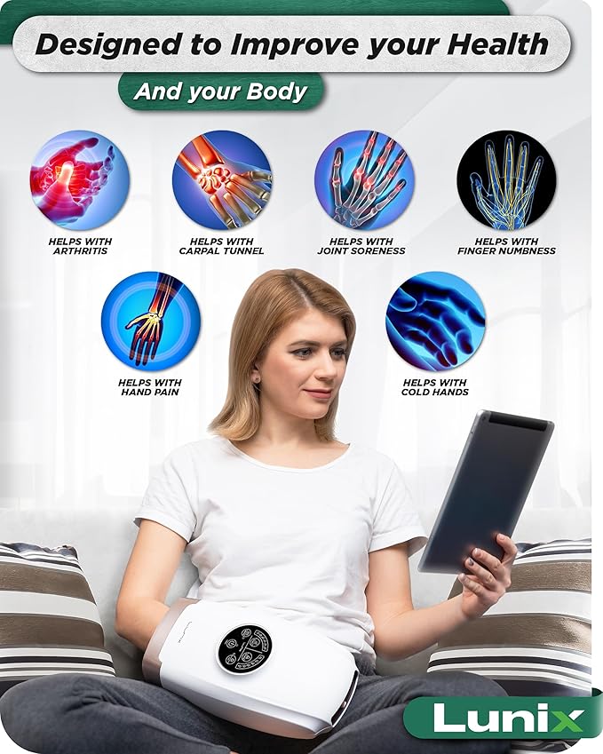 Lunix LX3 FSA Carpal Tunnel & Wrist Pain Relief Device, Heated Air Compression Hand Massager Machine for Arthritis & Finger Numbness, Cordless, Lunar White