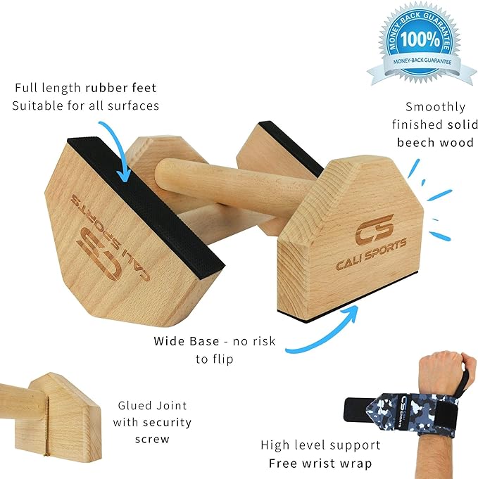 CALI SPORTS Calisthenics Wood Parallettes Bars | Push Up Bar That Will Not Slip or Wobble | Wrist Wraps Included