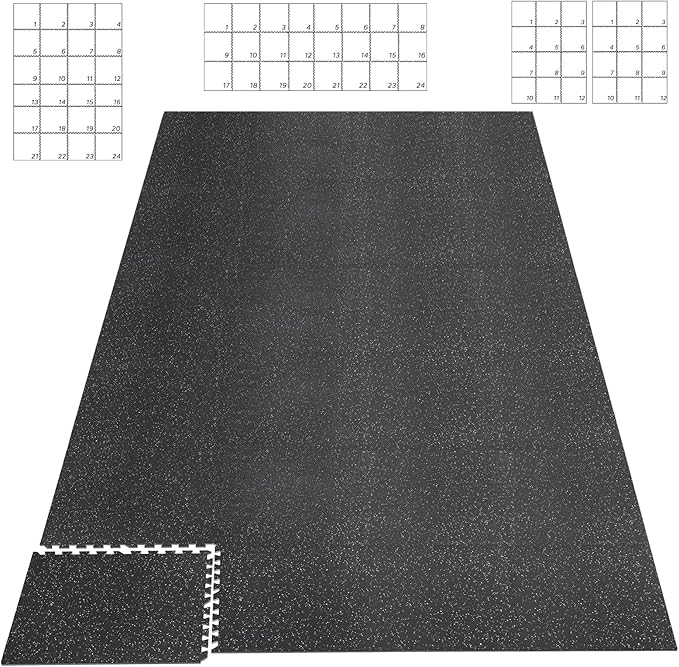 HAPBEAR 0.56'' Thick 12 Pcs 48 Sq Ft Exercise Equipment Mats - High-Density Rubber Top EVA Foam Interlocking Mats, 24x24in Tiles, Heavy-Duty Treadmill Mat for Hardwood Floors, Home Gym Mat