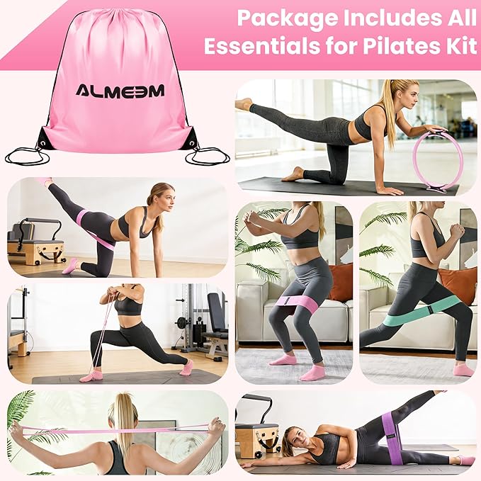 Pilates Ring Kit for Women and Men - 15 inch Magic Circle Exercise Ring and Ball Set for Home Workout Equipment - Dual Padded Handles Ring and Resistance Bands Set for All Fitness Lovers