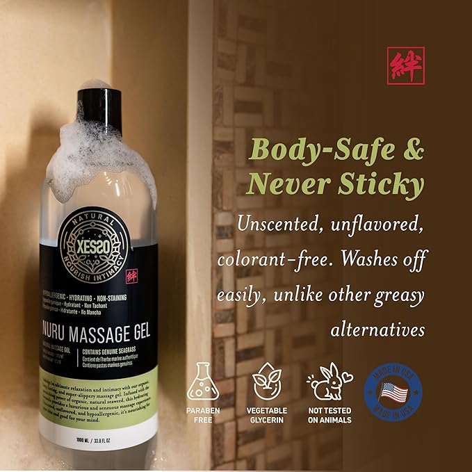 XESSO Nuru Massage Therapy Gel 33.8 Fl Oz, Waterbased Concentrate for Full-Body Massage, Unscented Non-Staining for Sore Muscles & Dry Skin, Seaweed & Grape Seed Extract Enriched, Made in USA
