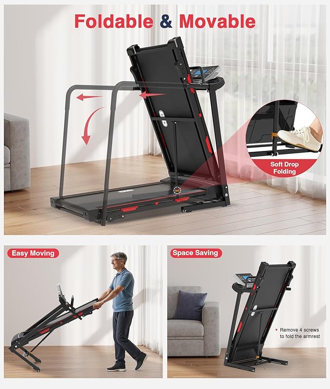 Redliro Walking Treadmill for Seniors Foldable - 400 Lb Capacity Senior Treadmill with Front & Long Handrails, 0%-2% Incline Home Recovery Fitness Exercise Machine for Elder, 47.6” Long Belt