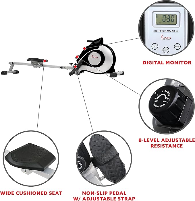 Sunny Health & Fitness Magnetic Rowing Machine Rower with 8-Level Resistance, 53.4" Extended Slide Rail & Digital LCD Display - SF-RW520084S