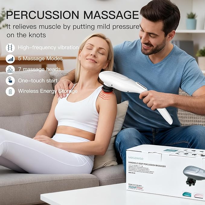 MEGAWISE Cordless Back Massager for Shoulders, Waist, Legs, Rechargeable 3200mAh Battery, 5 Speed and 5 +2 Massage Nodes 5 Hard, 2 Silicone Nodes, Massage While Moving Around (Off White Cordless)