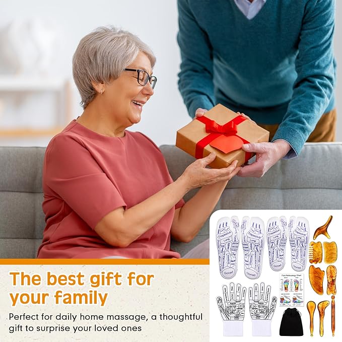 16 Pcs Reflexology Socks and Gloves with Tools Foot Reflexology Socks with Acupressure Gloves & 8 Pcs Massage Point Tools Foot Relief Acupressure Massager Set for Women and Men(Amber)