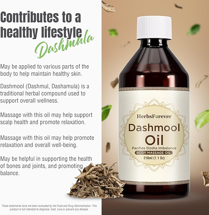 Herbsforever Dashmula Oil-Authentic Ten-Herb Roots Infused in Cold-Pressed Sesame Body Massage Oil | Vata Calming, Pain Relief, Joint Comfort, Muscle Sore, Postpartum Winter Chills|7.1fl oz, 210 ml