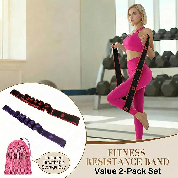 2 Pcs Fitness Resistance Band for Stretching and Yoga, Numbered Resistance Band with Loops & Breathable Mesh Bag, 8 Segment Elastic Strap for Pilates, Dance & Physical Therapy