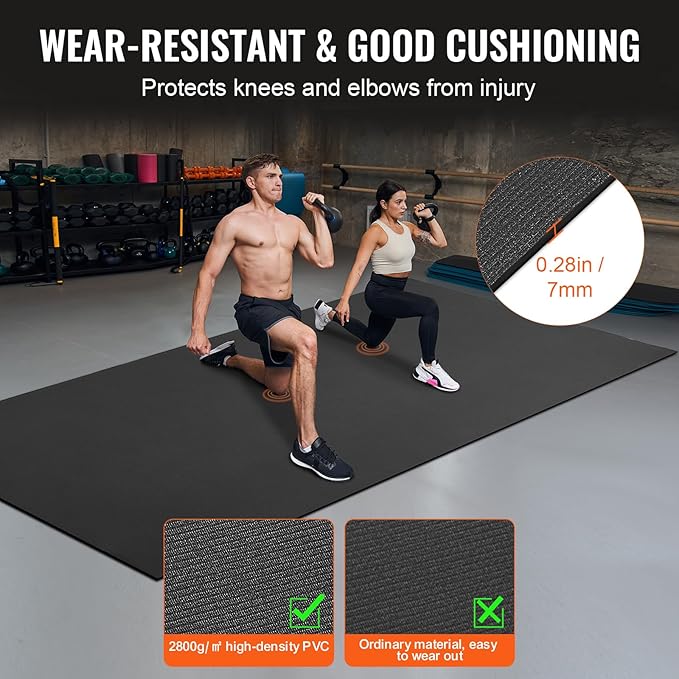 VEVOR Large Exercise Mat, 12'x6'/10'x6'/9'x6'/8'x6'/8'x5'/7'x5'/6'x4' (7mm) Extra Thick, Non Slip High Density Premium Workout Mat, Exercise Yoga Mat for Men & Women, Fitness & Exercise Mat with Bag & Carry Strap, for All Types of Home Yoga, Pilate & F...
