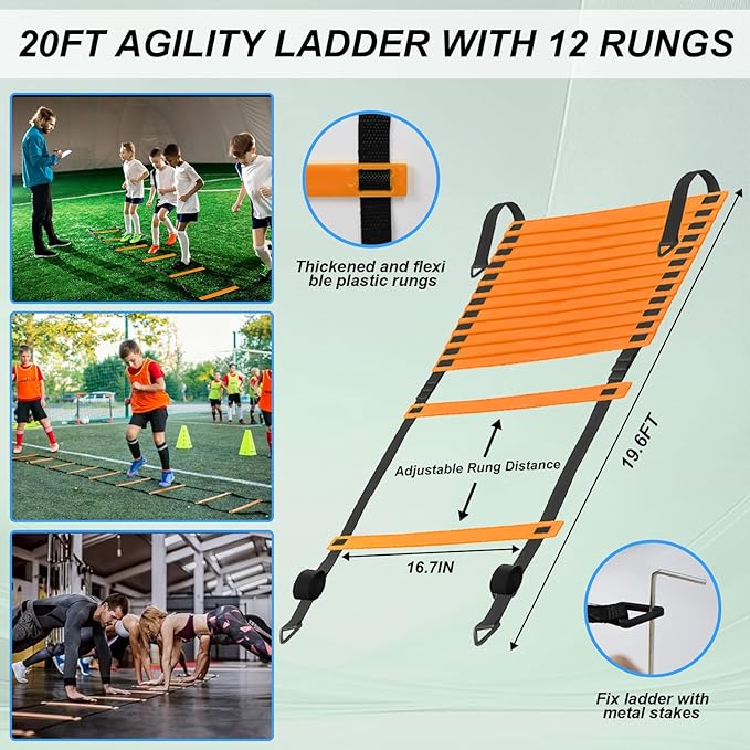 Speed Agility Training Equipment Set, Agility Ladder 20ft, 12 Football Cones, Resistance Parachute/Soccer Kick Trainer, Jump Rope, 5 Resistance Bands, Football Practice Equipment for Kids Adults