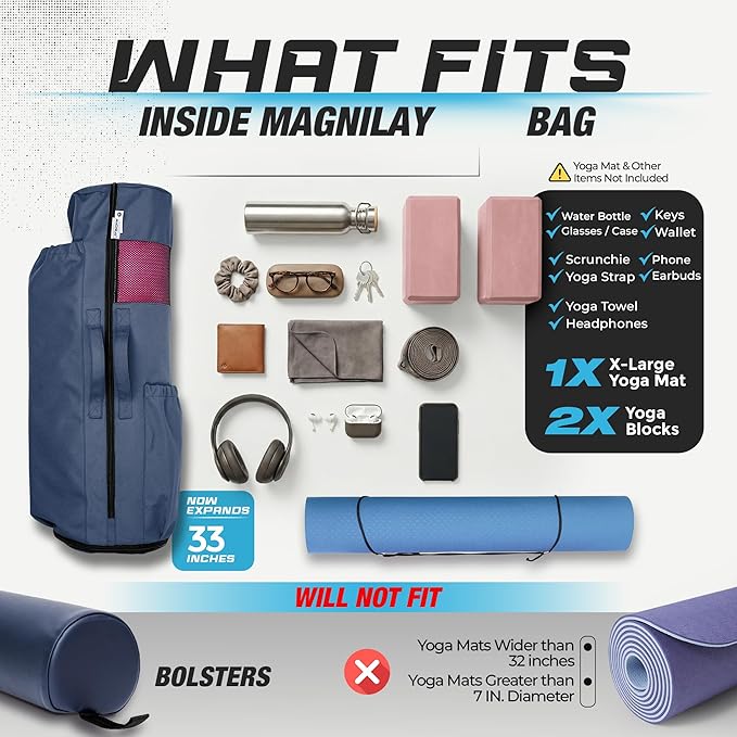 MAGNILAY Yoga Mat Bag - for Women and Men, Yoga Mat Carrier, Fits Mats Blocks and Accessories for Workouts, (32”L)