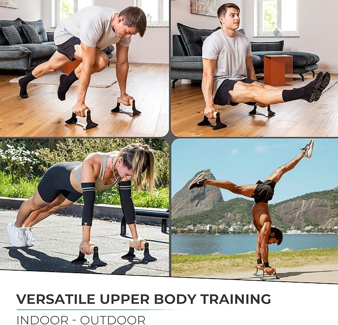 PULLUP & DIP Parallettes - Push Up Handles with Ergonomic Wooden Handles & Heavy-Duty Steel - Non-slip Parallettes Bars for Strength Training and Calisthenics - Press Up Handles for Push Ups