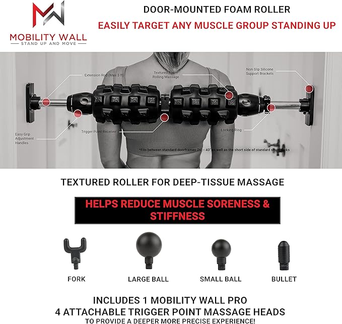 Pro Series- Stand Up Door Mounted Textured Foam Roller for Deep Tissue Massage & Muscle Recovery for Exercise, Includes 4 Trigger Point Attachments
