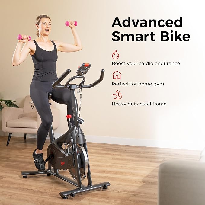 Sunny Health & Fitness Smart Magnetic Cycling Bike with Free SunnyFit App Connection, Stationary Indoor Cardio Exercise Equipment