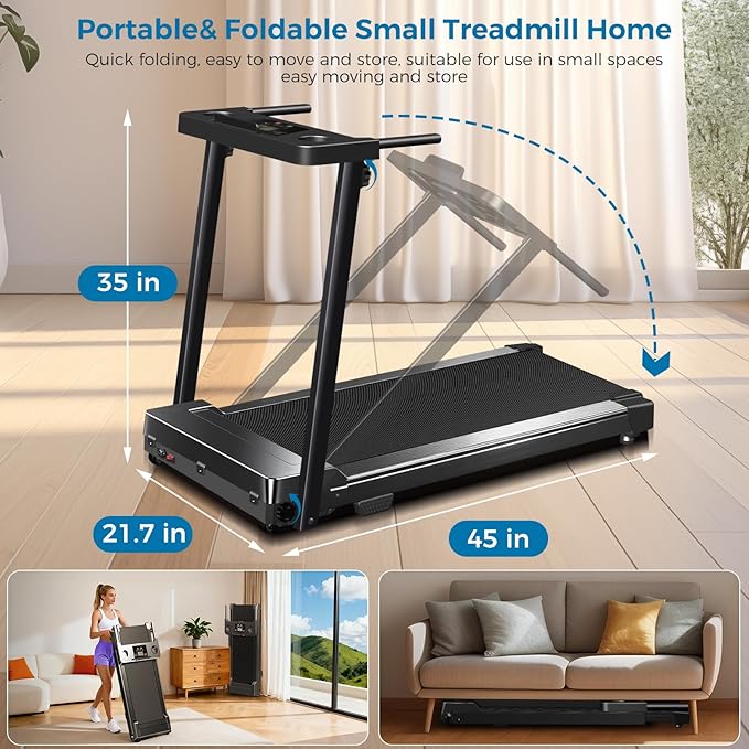 Treadmill with Handles, 2026 Upgraded Small Treadmills Home, Portable Electric Treadmills for Home 300 lbs Capacity,Walking Pad Treadmill,Lightweight Foldable Walking Pad,LED Display(Black)