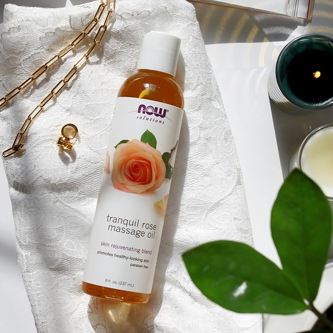 NOW Solutions, Tranquil Rose Massage Oil, Body Moisturizer for Dry Sensitive Skin, Promotes Healthy-Looking Skin, 8-Ounce