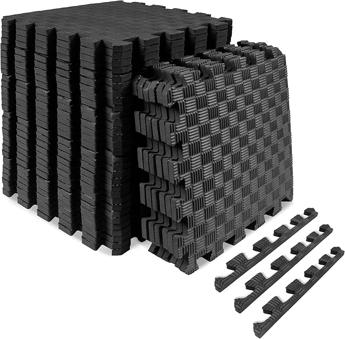 ProsourceFit Exercise Puzzle Mat ½-inch, Checkered EVA Foam Floor Tiles w/ Non-Slip Texture, Gym Mats w/ Interlocking Flooring for Adjustable Surface, Shock Absorbing, Black, 36 SQ FT - 36 Pieces