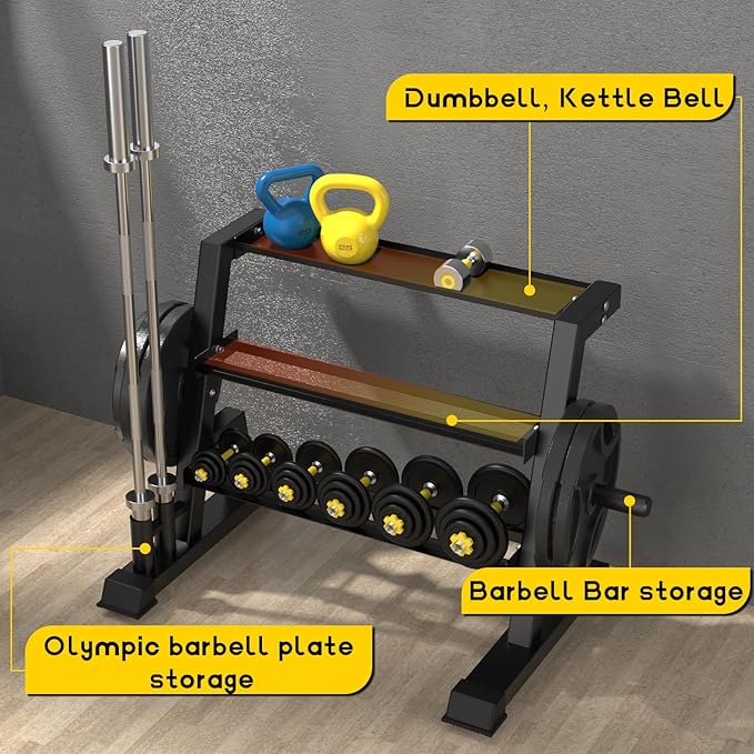 3-Tier Weight Rack, Dumbbell Kettlebell Rack1100LB Capacity Weight Plate and Curl Bar Storage for Home Gym