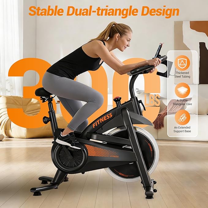 UMAY Exercise Bike,Brake Pad Stationary Bike for Home with Exclusive App, Silent Belt Drive Stationary Workout Bike for Home with Comfort Seat, Low Noise Indoor Cycling Bike with Heart Rate / Tablet & Bottle Holder, 300 LBS Capacity