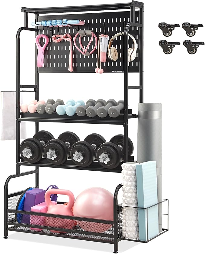 56'' Taller Home Gym Storage Organizer, Yoga Mat Storage Rack with Hanging Board, Exercise Workout Equipment Storage Stand for Home Gym, Dumbbell Holder Kettlebell Rack with Wheels and Hooks