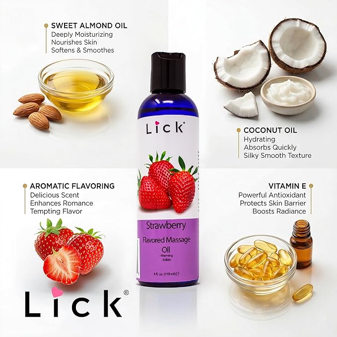 Lick Strawberry Flavored Massage Oil with Natural Vitamin E - Aromatherapy & Moisturizing Body Oil for Relaxing Muscle Massage - Essential Non-Sticky Skin Therapy for Men and Women - 4 oz