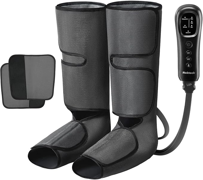 Nekteck Leg Massager for Circulation and Relaxation, Air Compression Foot and Calf Massager to Relieve Pain Edema Swelling with 2 Size Extensions, Gift for Mom Dad Men Women