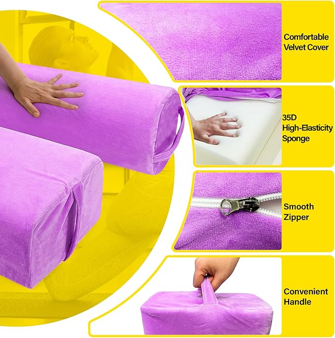2 PCS Yoga Bolster Pillow for Restorative Yoga, High Density Foam Meditation Bolster with Washable Velvet Cover and Carry Handle Meditation Pillow Set with Round and Rectangular