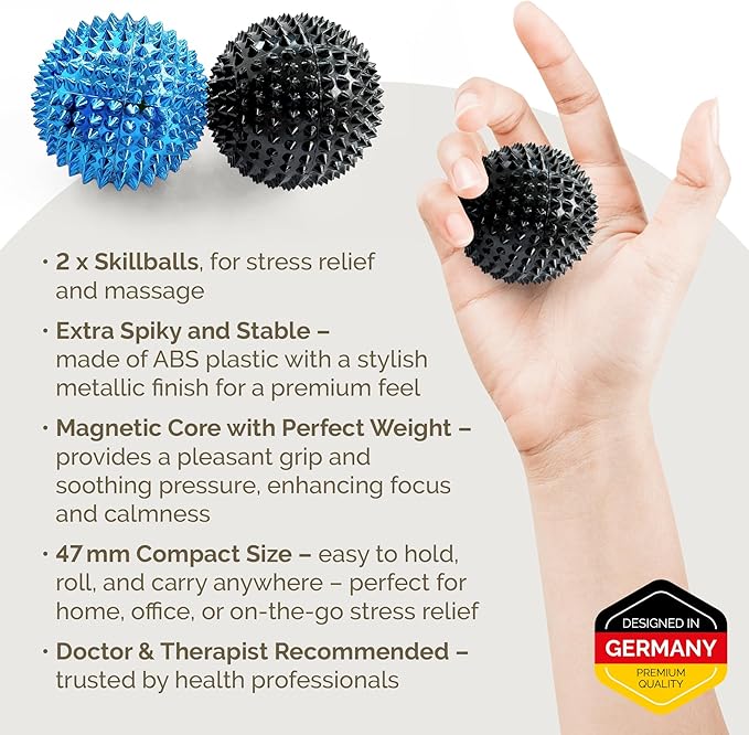 2X Spiky DBT Skill Balls | 2inch | Magnetic Stress Relief Balls | Spiky Massage Balls for Relaxation, Tension Release, Focus & Mobility (Black/Blue)