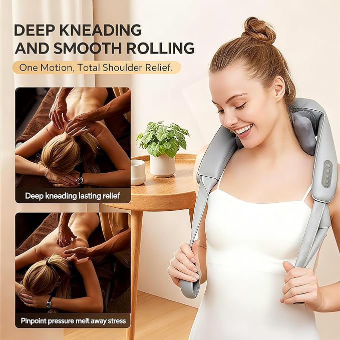 Shiatsu Neck and Shoulder Massager with Heat, Cordless Rechargeable, Hand-Free/Handheld, Deep Tissue Pain Relief for Trapezius, Portable for Home/Office/Travel, Ideal Gift for Women/Men