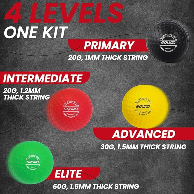 SQUAD Boxing Reflex Ball Set - 4-Level Reaction Balls + Adjustable Headband - Train Speed, Timing & Hand-Eye Coordination - Safe Fun for Kids & Adults - Boxing/MMA/Krav MAGA Home Workout Gift