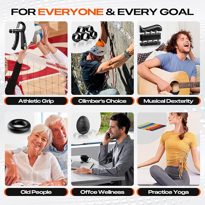 Grip Strength Trainer Kit (10-Pack): Adjustable Hand Gripper & Forearm Strengthener with Finger Stretcher, Ring, Stress Ball & 5 Bands for Muscle & Recovery.