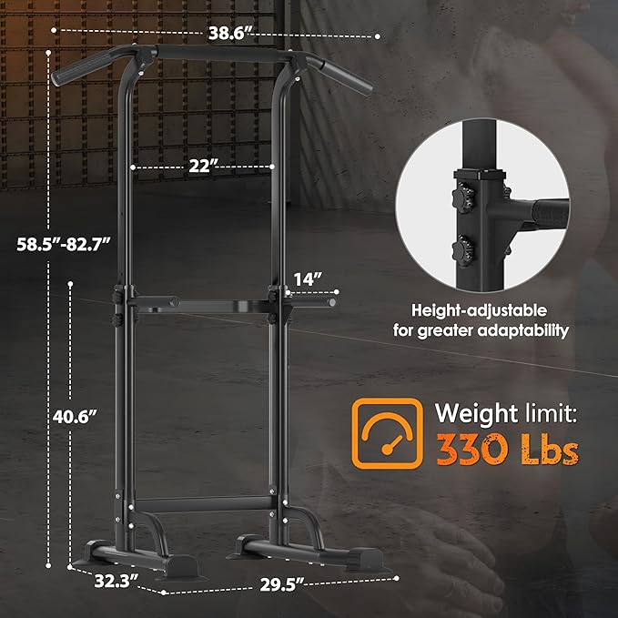 Adjustable Power Tower Pull Up Bar Dip Station, Free Standing Pull Up Rack Dip Station for Home Gym, 400LBS Capacity Height Heavy Duty Multi-Function Home Strength Training Fitness Workout Equipment