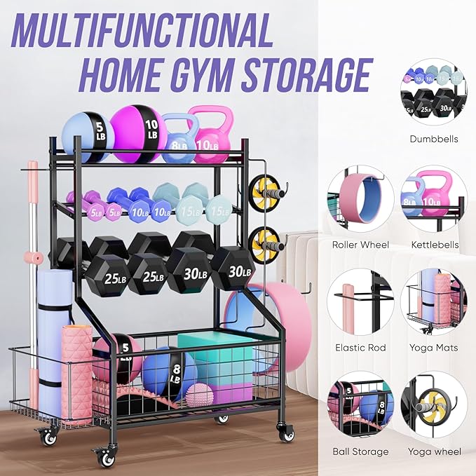 WUC Dumbbell Rack, Adjustable Weight Rack for Home Gym Storage, All-in-One Workout Storage Racks with Wheels and Hooks for Dumbbells, Kettlebells, Yoga Mats & Balls, Durable Powder Coated Steel, Black