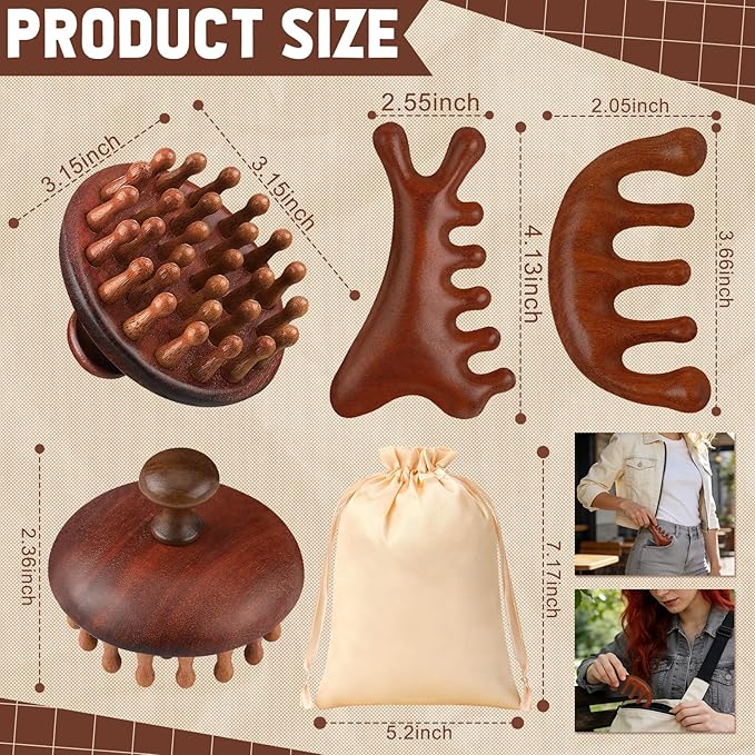 3 Pcs Wooden Head Scalp Massager Comb, Head Massage Tool for Relaxation Hair Gua Sha Comb