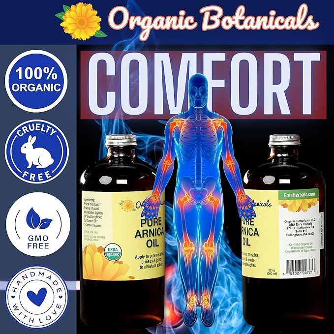 Arnica Oil - Pure Organic Muscle Discomfort Bottle - Arnica Montana Oil for Arthritis, Bruising & Swelling, Muscle, Joint Discomfort, and Sports Injuries, Arnica Massage Oil, 32 oz