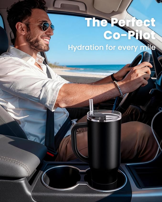 Vibration Plate Exercise Platform with Loop Bands + Renoj FlexSlide 40oz Insulated Stainless Steel Tumbler (Black) – Full Body Workout & Recovery Set