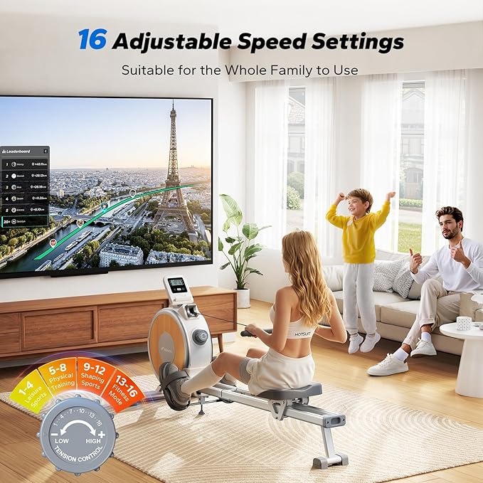 MERACH Rowing Machines for Home, Magnetic Rowing Machine with 16 Levels, Rower Machine of Quiet Resistance, Dual Slide Rail with Max 350lbs Weight Capacity, App Compatible