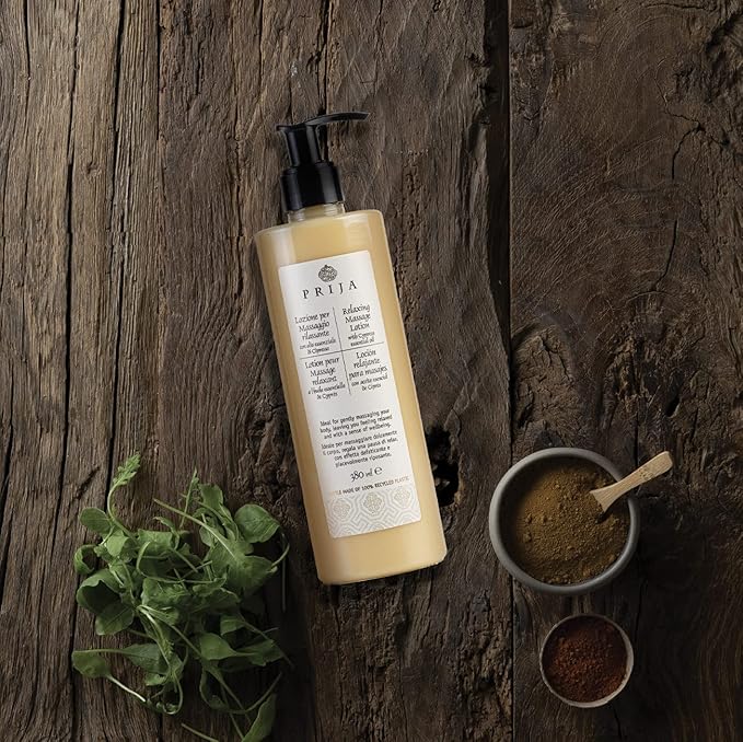 Prija Relaxing Massage Lotion formulated with Cypress Essential Oil (12.84 fl oz) - Relaxing and Moisturizing - Vegan Friendly - Dermatologically Tested - Made with 100% Recycled Bottle