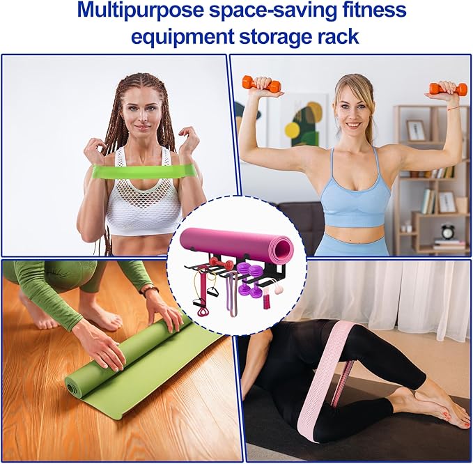 Multi-Purpose Gym Equipment Storage Rack, Stainless Steel Rack Holder Organizer Wall Mount with Screws Home Gym Organization Accessories for Foam Rollers Straps Jump Ropes Yoga Mat (Black)