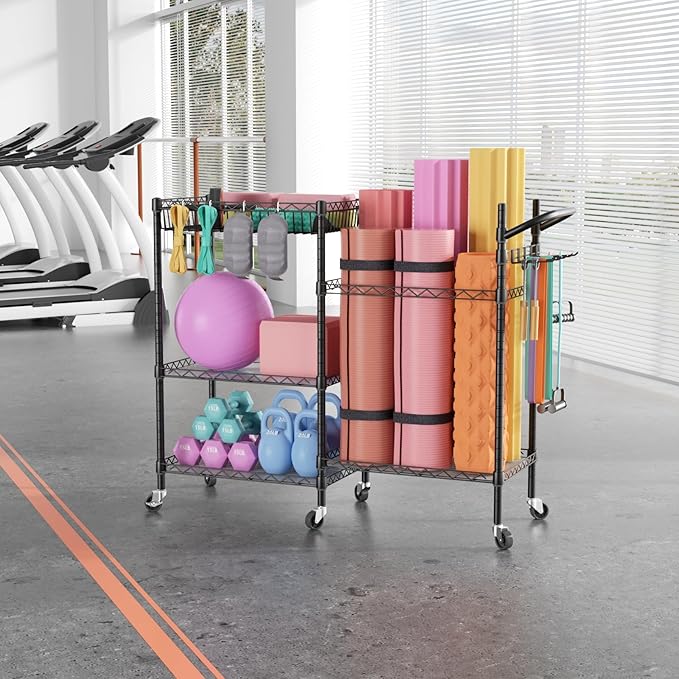 SINGAYE Dumbbell Rack Stand With Yoga Mat Storage, Gym Equipment Organizer, Cart for Workout Room, Home Gym With Hooks and Wheels